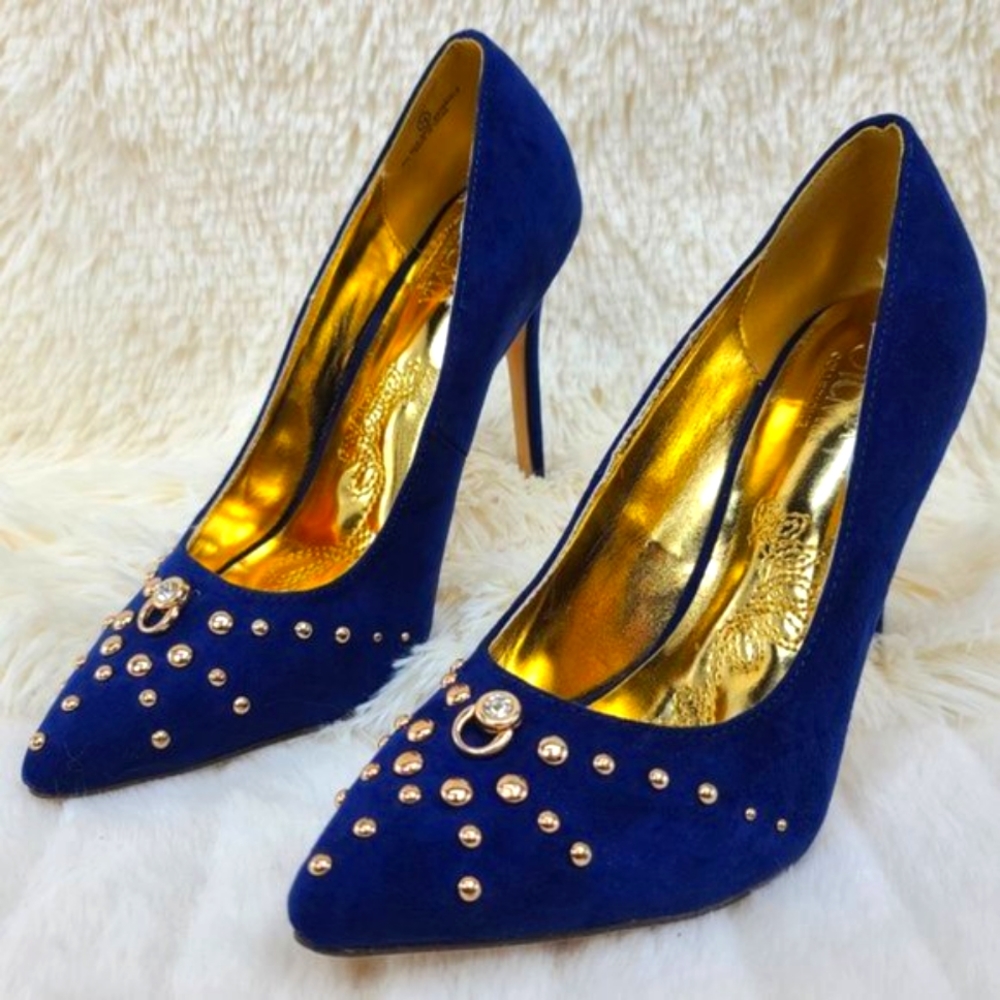 * Mona Mia 4.5" Faux Suede Pumps With Studded Decor